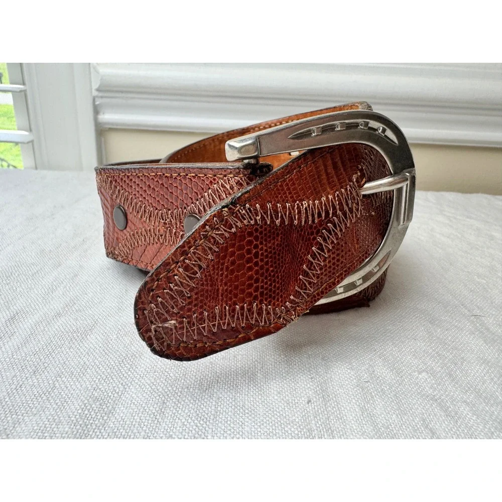 Dan Post Mens 38 Lizard Skin Belt Cognac Brown Horseshoe Buckle USA DP802